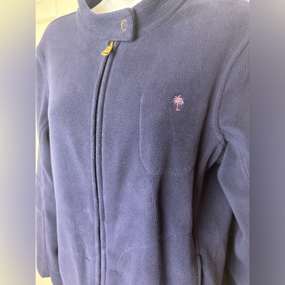 LILLY PULITZER Fleece Jacket Coat Navy Blue Pink Palm Tree Pockets Elbow Patch - Picture 3 of 16
